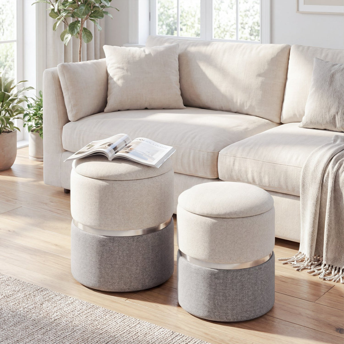 Velvet/Linen Fabric Storage Ottoman Set of 2-Gray view 2
