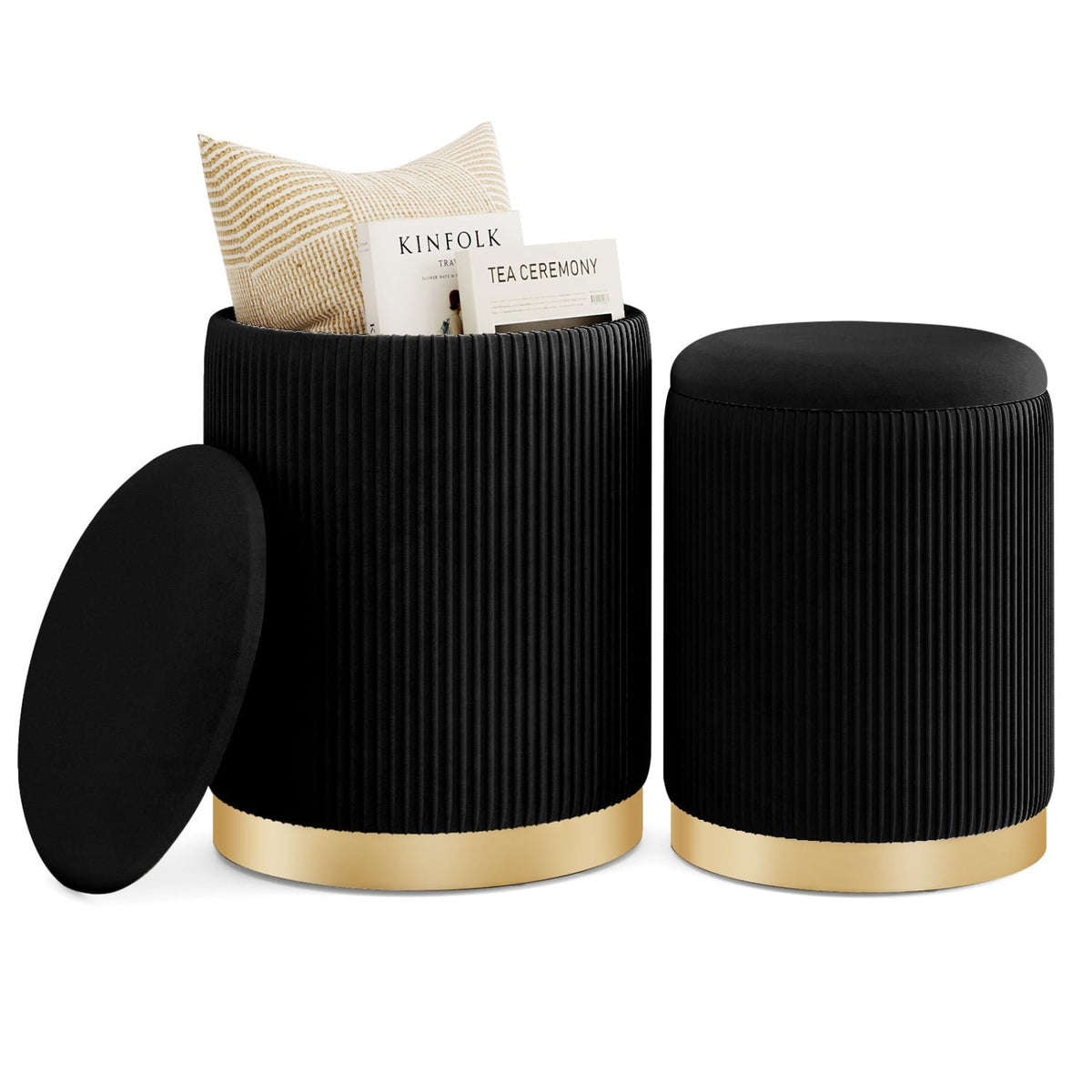 Velvet/Linen Fabric Storage Ottoman Set of 2-Black