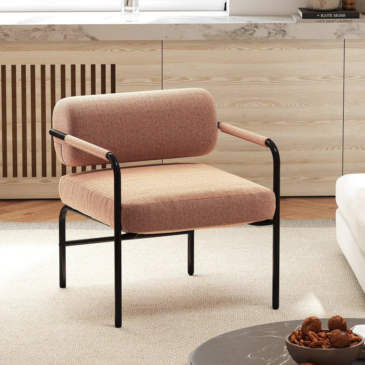 Velvet Upholstered Accent Chair with Cylindrical Backrest and Metal Armrests-Brown view 2