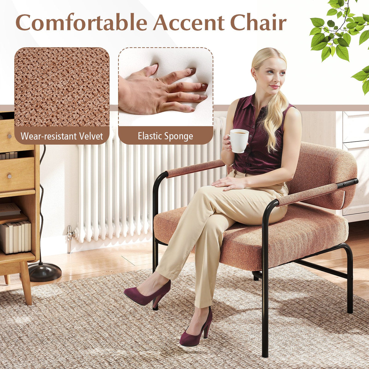 Velvet Upholstered Accent Chair with Cylindrical Backrest and Metal Armrests-Brown view 5