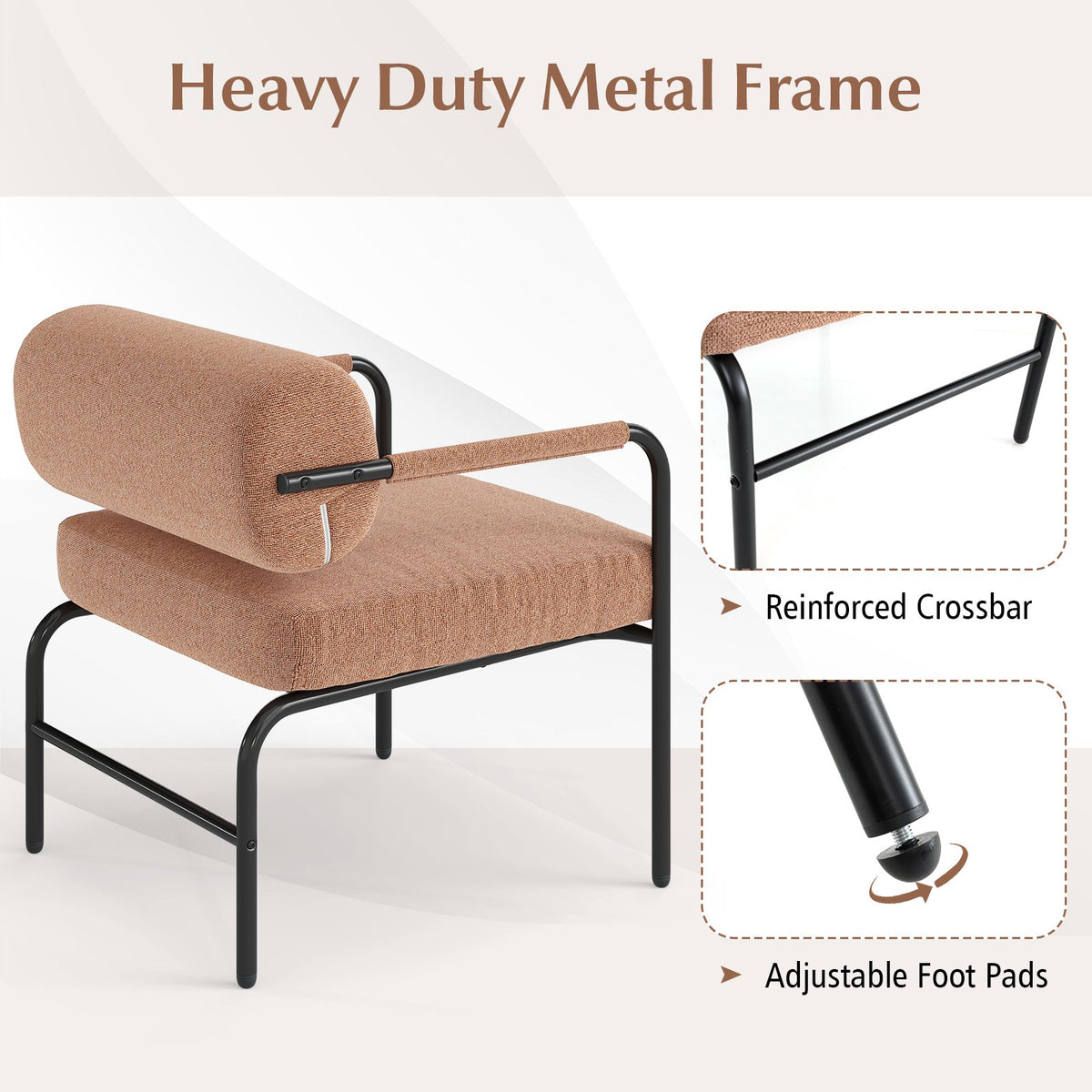 Velvet Upholstered Accent Chair with Cylindrical Backrest and Metal Armrests-Brown view 8