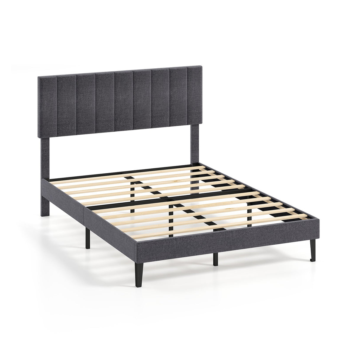 Velvet Upholstered Platform Bed with Height Adjustable Vertical Channel Headboard-Full Size