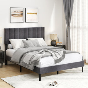 Velvet Upholstered Platform Bed with Height Adjustable Vertical Channel Headboard-Full Size view 2
