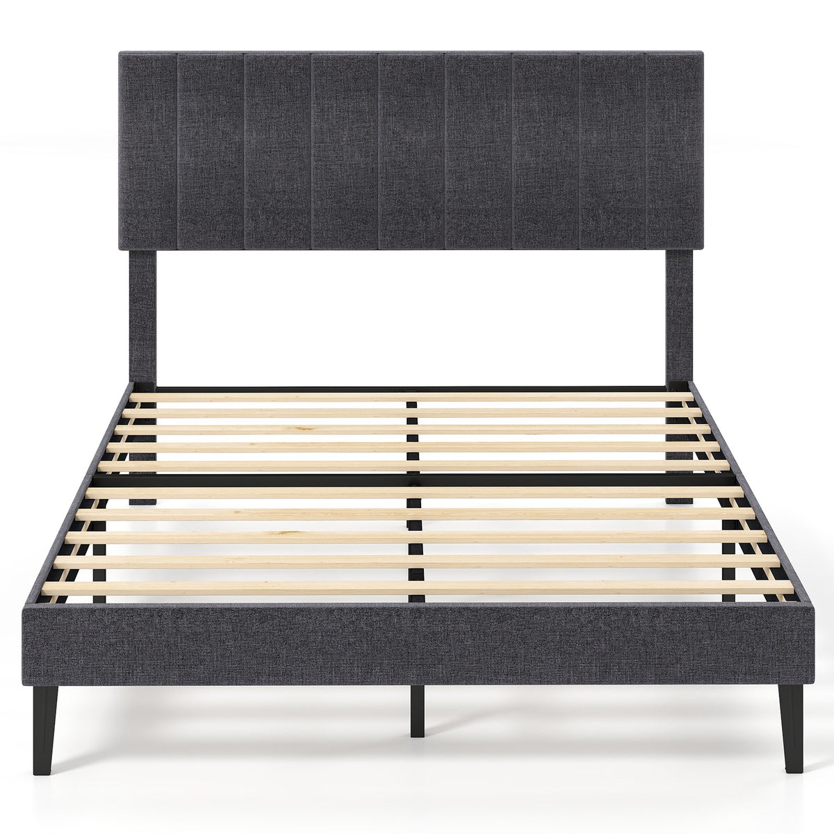 Velvet Upholstered Platform Bed with Height Adjustable Vertical Channel Headboard-Full Size view 3