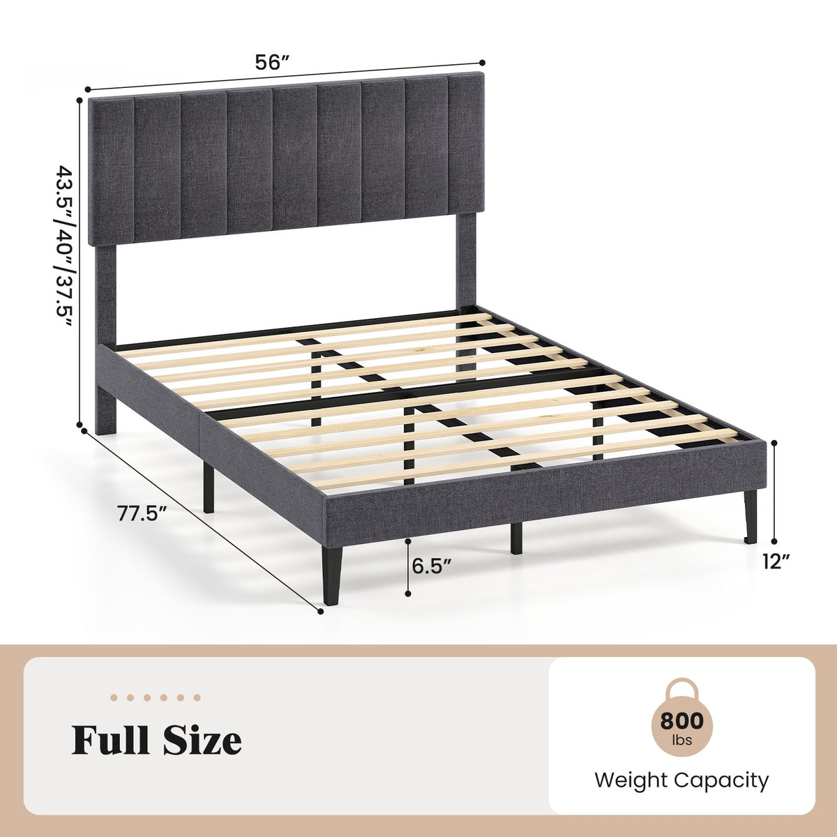 Velvet Upholstered Platform Bed with Height Adjustable Vertical Channel Headboard-Full Size view 4