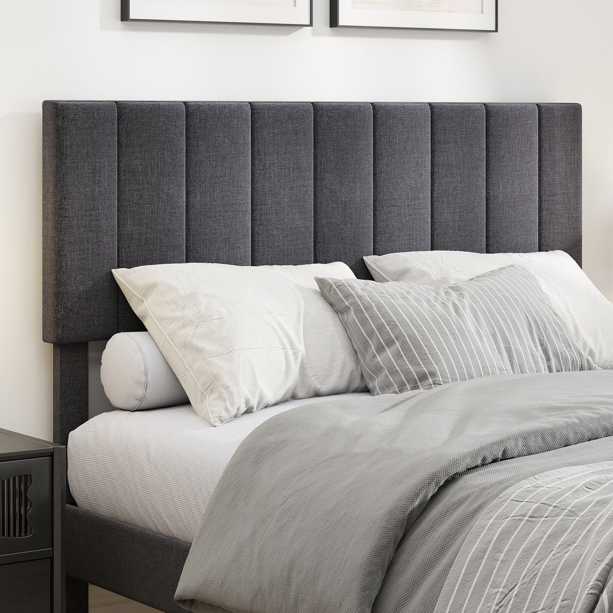 Velvet Upholstered Platform Bed with Height Adjustable Vertical Channel Headboard-Full Size view 8