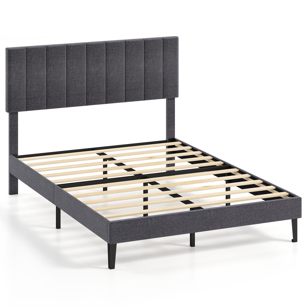 Velvet Upholstered Platform Bed with Height Adjustable Vertical Channel Headboard-Full Size view 9
