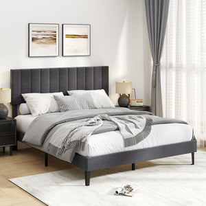 Velvet Upholstered Platform Bed with Height Adjustable Vertical Channel Headboard-Queen Size view 2