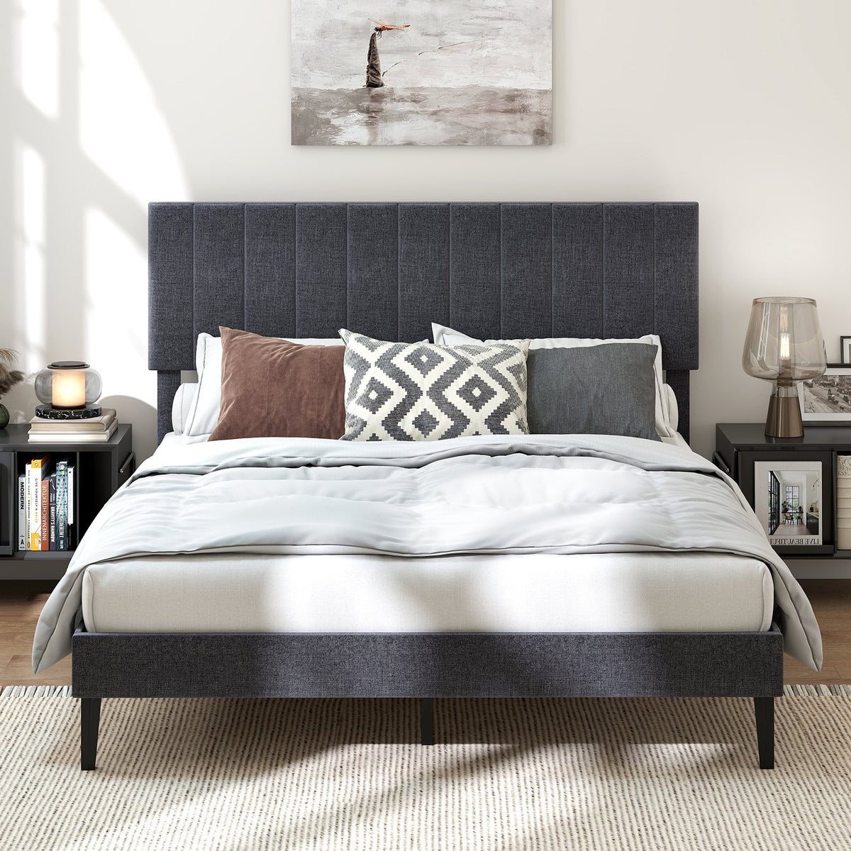 Velvet Upholstered Platform Bed with Height Adjustable Vertical Channel Headboard-Queen Size view 3