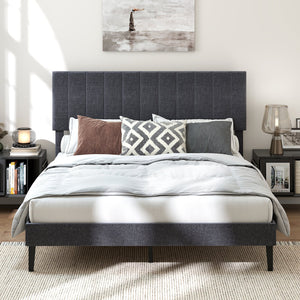 Velvet Upholstered Platform Bed with Height Adjustable Vertical Channel Headboard-Queen Size view 3