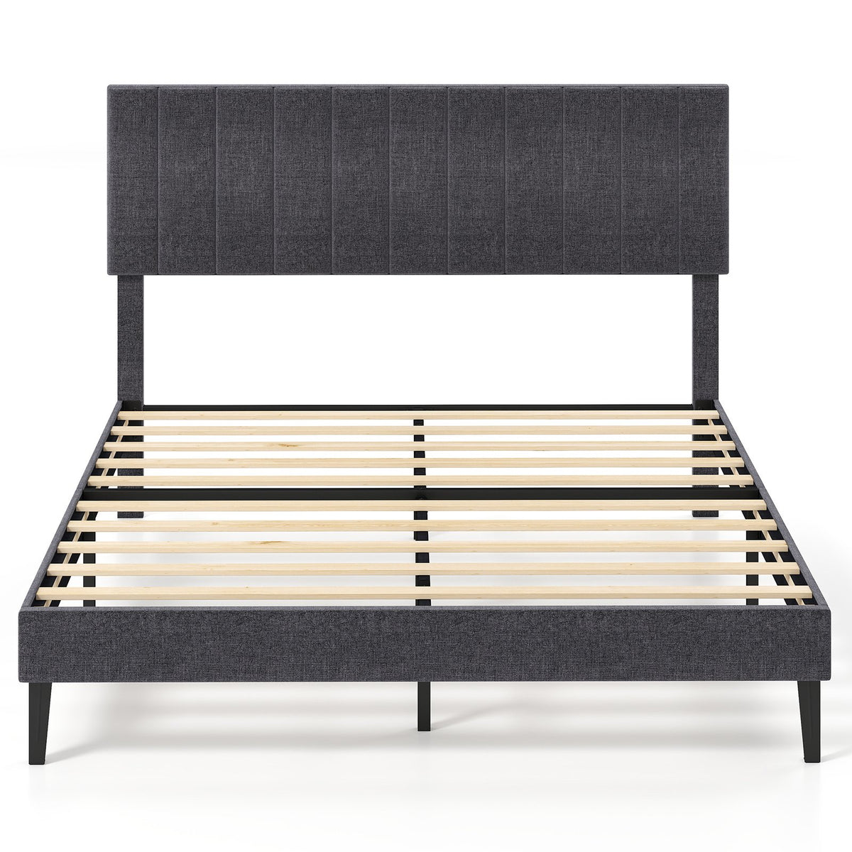 Velvet Upholstered Platform Bed with Height Adjustable Vertical Channel Headboard-Queen Size view 4