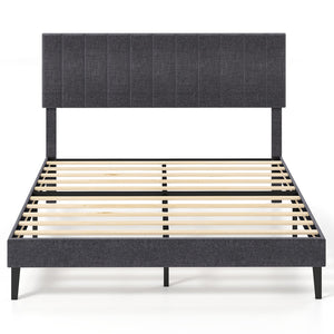 Velvet Upholstered Platform Bed with Height Adjustable Vertical Channel Headboard-Queen Size view 4