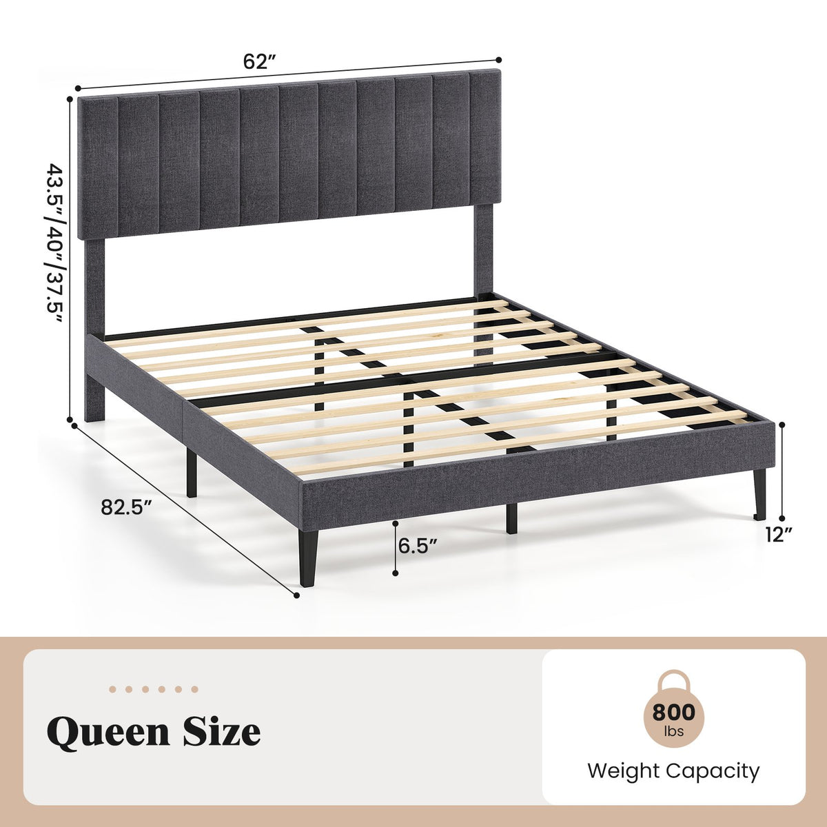 Velvet Upholstered Platform Bed with Height Adjustable Vertical Channel Headboard-Queen Size view 5