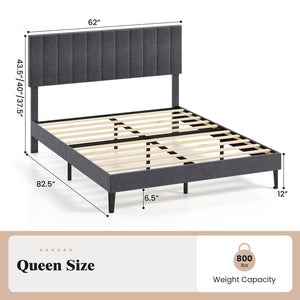 Velvet Upholstered Platform Bed with Height Adjustable Vertical Channel Headboard-Queen Size view 5