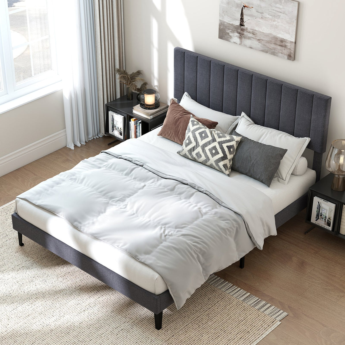 Velvet Upholstered Platform Bed with Height Adjustable Vertical Channel Headboard-Queen Size view 6