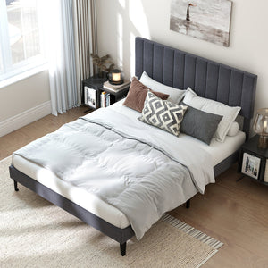 Velvet Upholstered Platform Bed with Height Adjustable Vertical Channel Headboard-Queen Size view 6