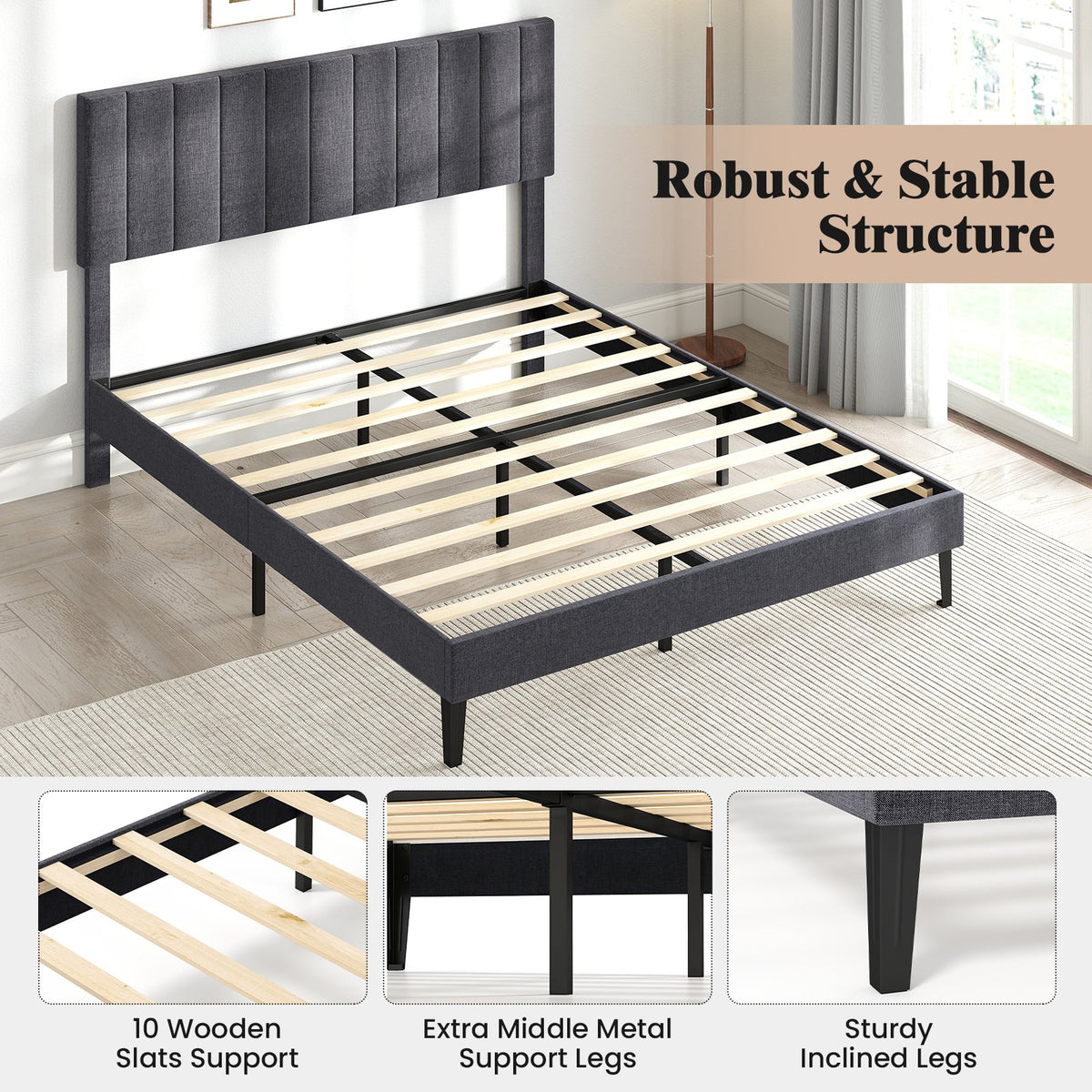 Velvet Upholstered Platform Bed with Height Adjustable Vertical Channel Headboard-Queen Size view 7