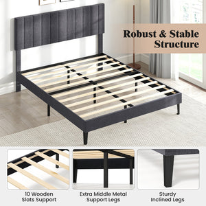 Velvet Upholstered Platform Bed with Height Adjustable Vertical Channel Headboard-Queen Size view 7