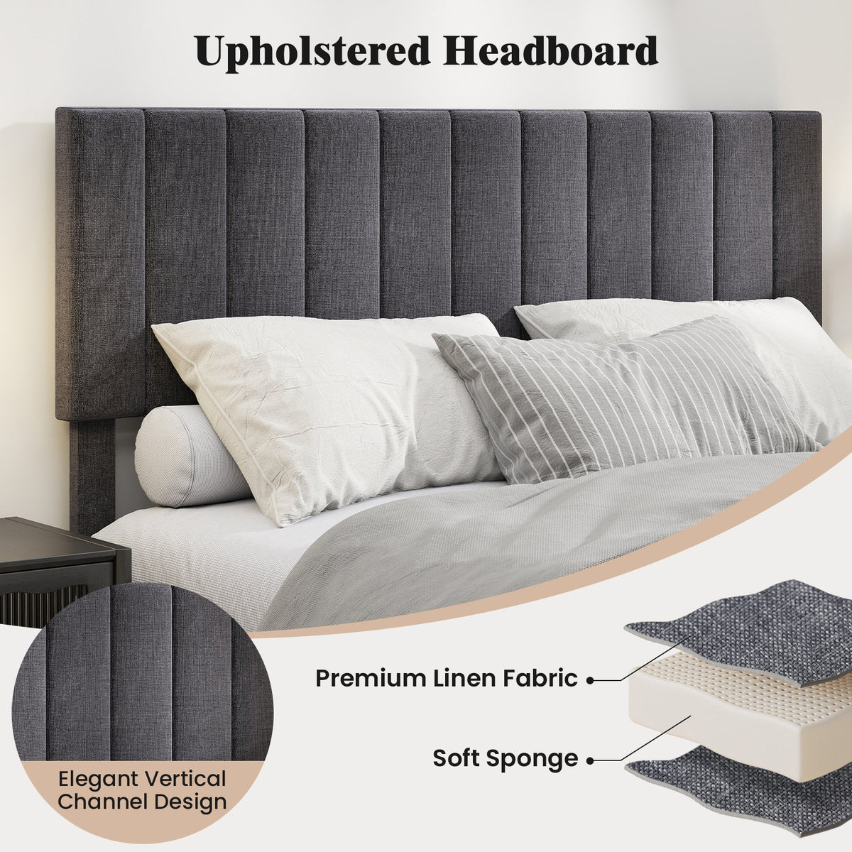 Velvet Upholstered Platform Bed with Height Adjustable Vertical Channel Headboard-Queen Size view 9