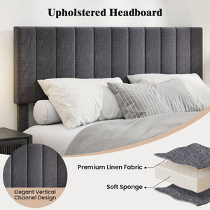 Velvet Upholstered Platform Bed with Height Adjustable Vertical Channel Headboard-Queen Size view 9
