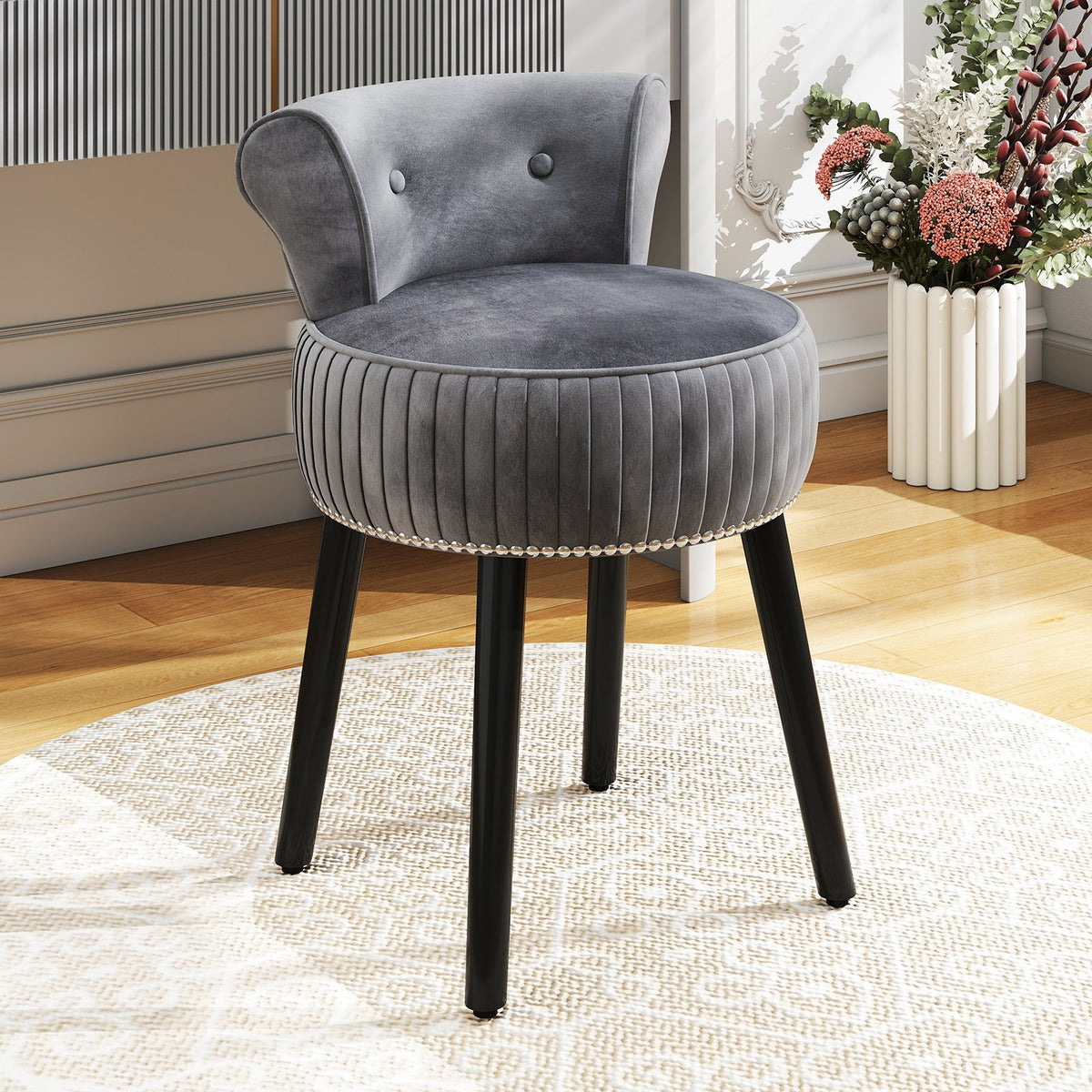 Velvet Vanity Chair with Back Upholstered Vanity Stool with Tufted Low Back and Solid Wood Legs-Gray view 2