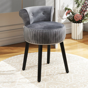 Velvet Vanity Chair with Back Upholstered Vanity Stool with Tufted Low Back and Solid Wood Legs-Gray view 2
