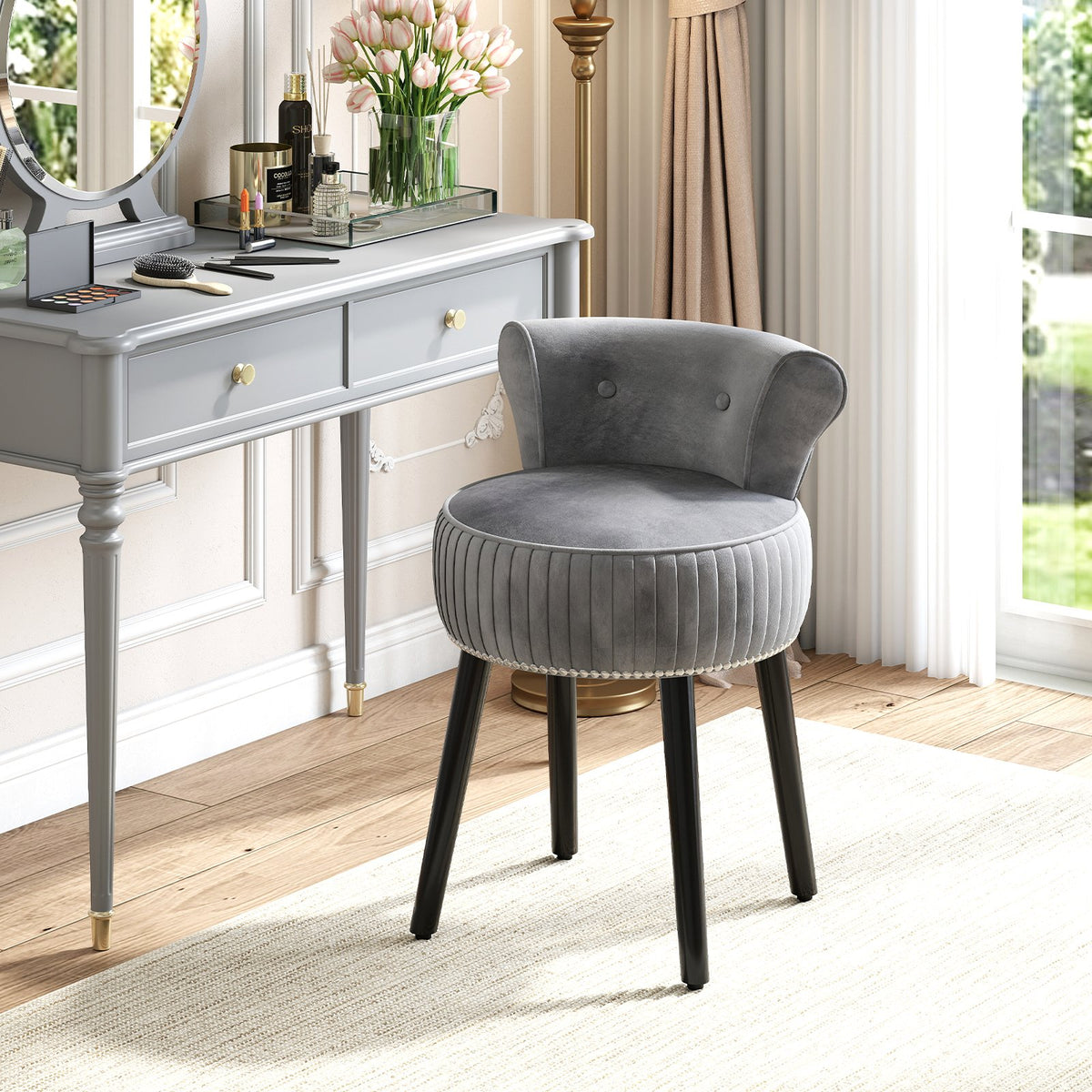 Velvet Vanity Chair with Back Upholstered Vanity Stool with Tufted Low Back and Solid Wood Legs-Gray view 3