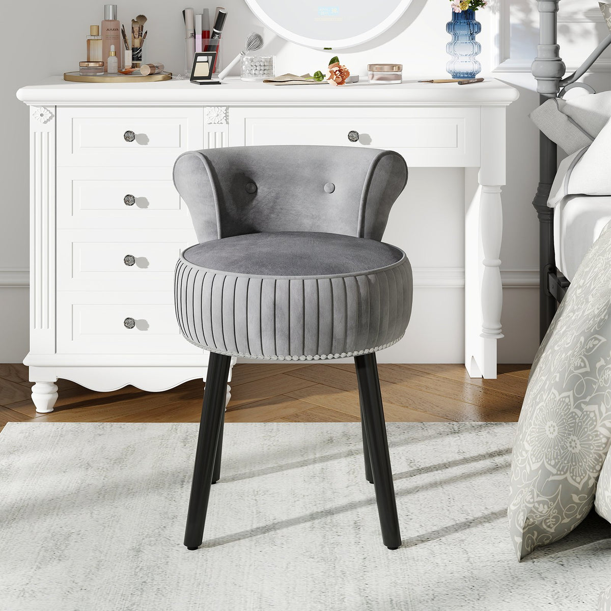 Velvet Vanity Chair with Back Upholstered Vanity Stool with Tufted Low Back and Solid Wood Legs-Gray view 6