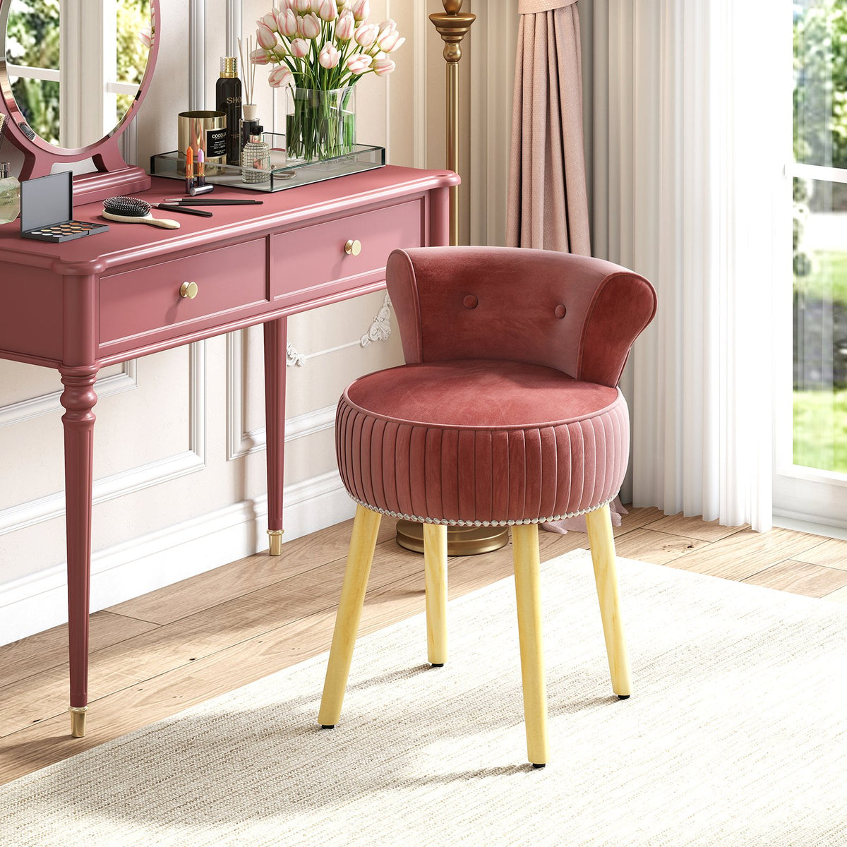 Velvet Vanity Chair with Back Upholstered Vanity Stool with Tufted Low Back and Solid Wood Legs-Pink view 3