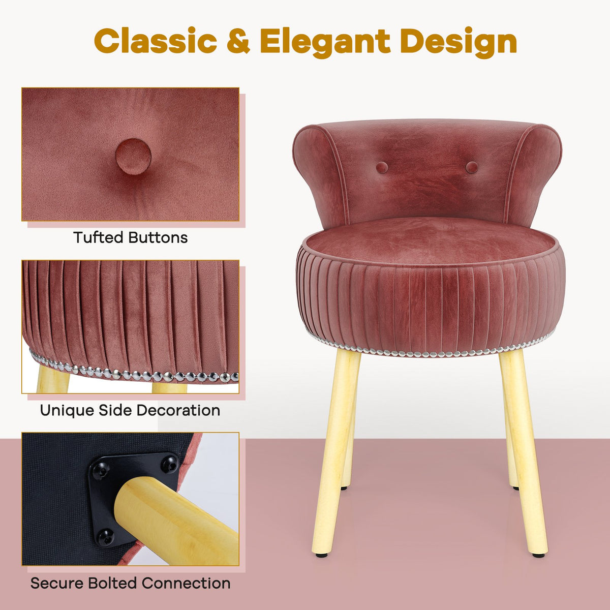Velvet Vanity Chair with Back Upholstered Vanity Stool with Tufted Low Back and Solid Wood Legs-Pink view 7