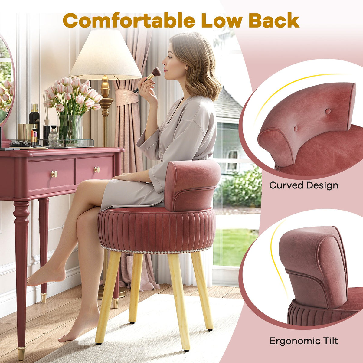 Velvet Vanity Chair with Back Upholstered Vanity Stool with Tufted Low Back and Solid Wood Legs-Pink view 9