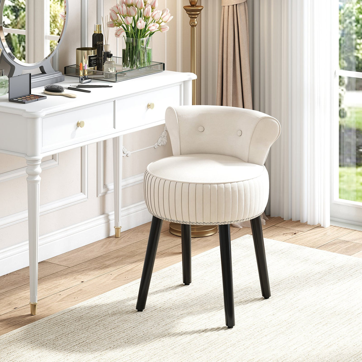 Velvet Vanity Chair with Back Upholstered Vanity Stool with Tufted Low Back and Solid Wood Legs-White view 3