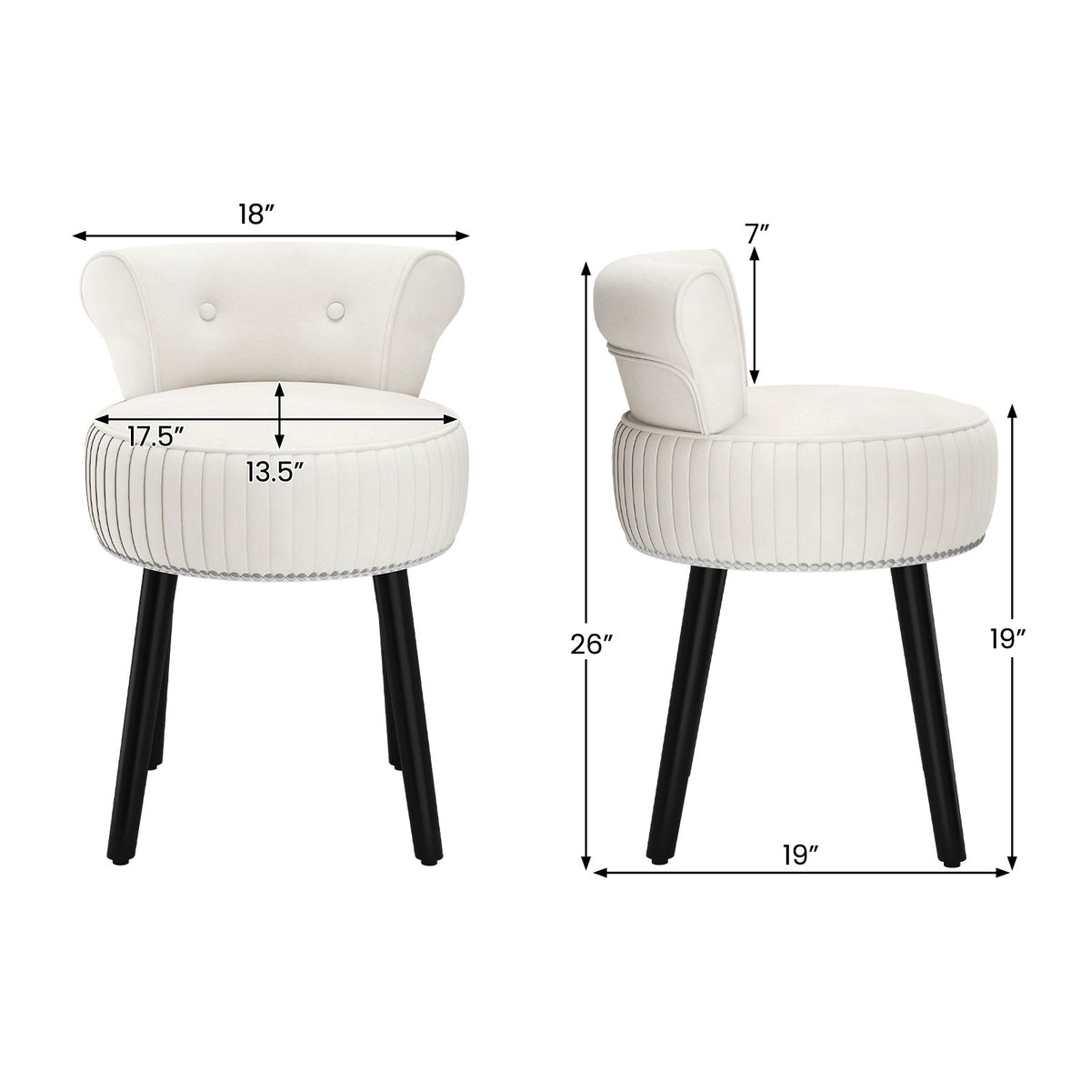 Velvet Vanity Chair with Back Upholstered Vanity Stool with Tufted Low Back and Solid Wood Legs-White view 5
