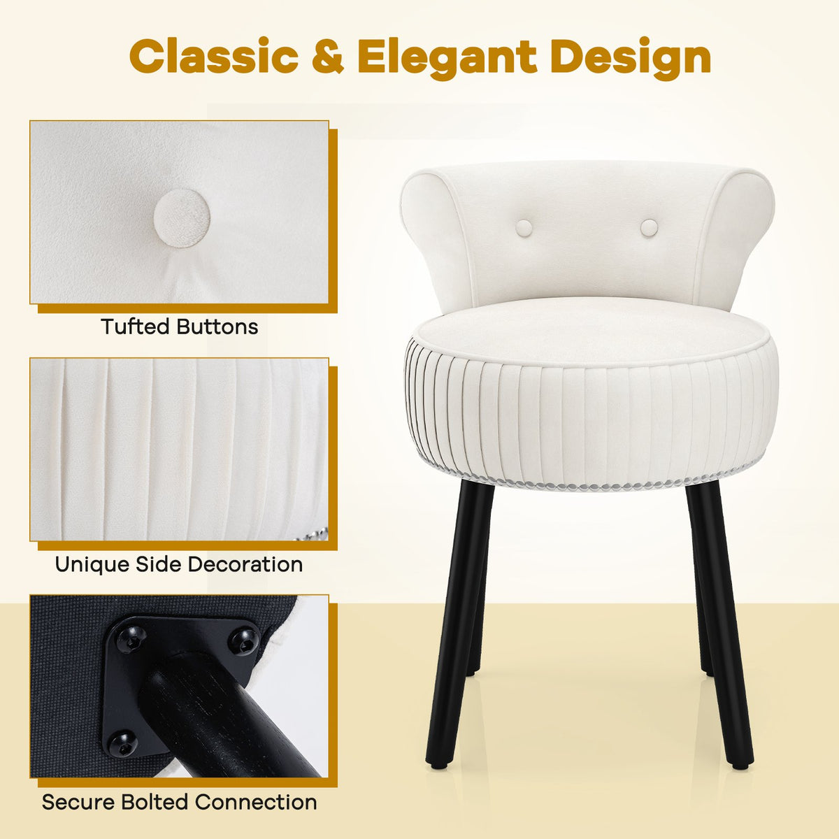 Velvet Vanity Chair with Back Upholstered Vanity Stool with Tufted Low Back and Solid Wood Legs-White view 7