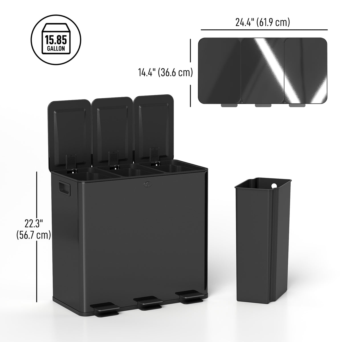 Garbage Bin, Soft-Close Trash Can with Foot Pedal, 3x5 Gallon (3x20 L) Garbage Can with Removable Inner – view 2