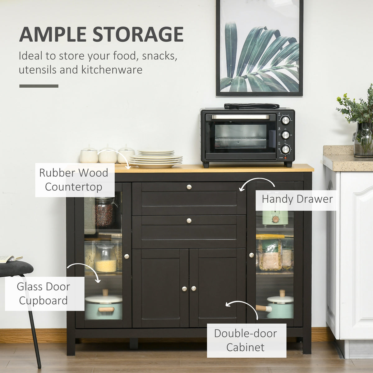 Buffet Cabinet Sideboard with 2 Drawers, 3 Storage Cabinets, Glass Doors and Adjustable Shelves, Dark Brown