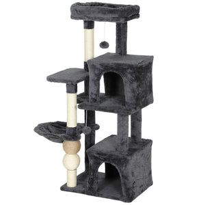 Cat Tower, 42" Multi-Level Cat Tree with Padded Plush Perch, Hammock, 2 Door Condos, Scratching Posts, Toy Balls
