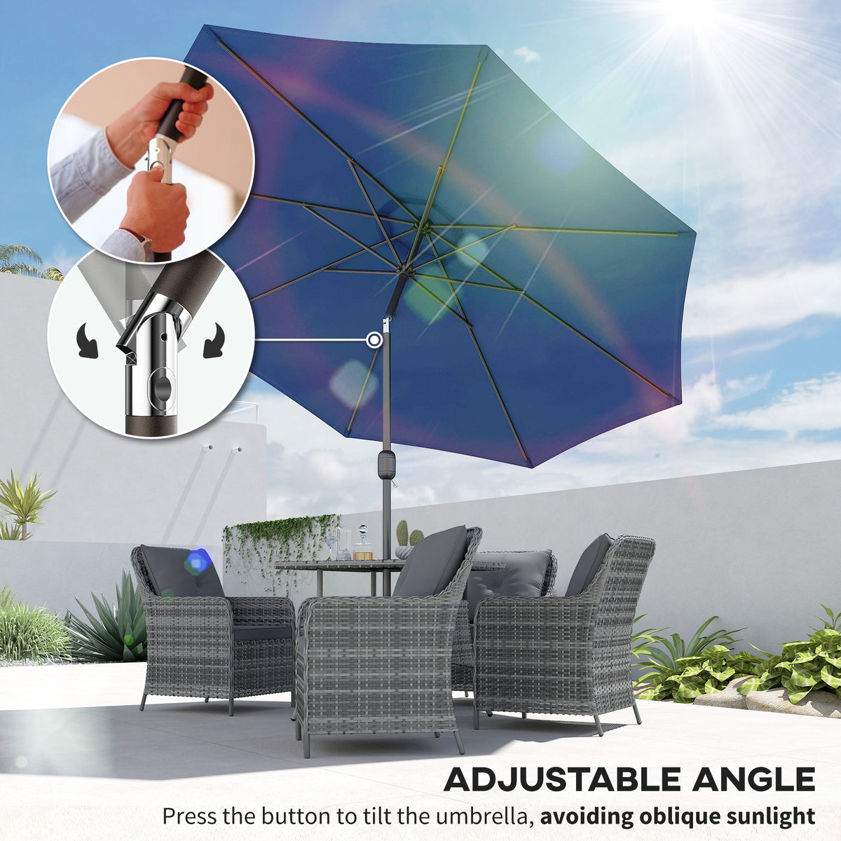 10' x 8' Round Market Umbrella, Patio Umbrella with Crank Handle and Tilt, Outdoor Parasol for Garden, Blue – view 3