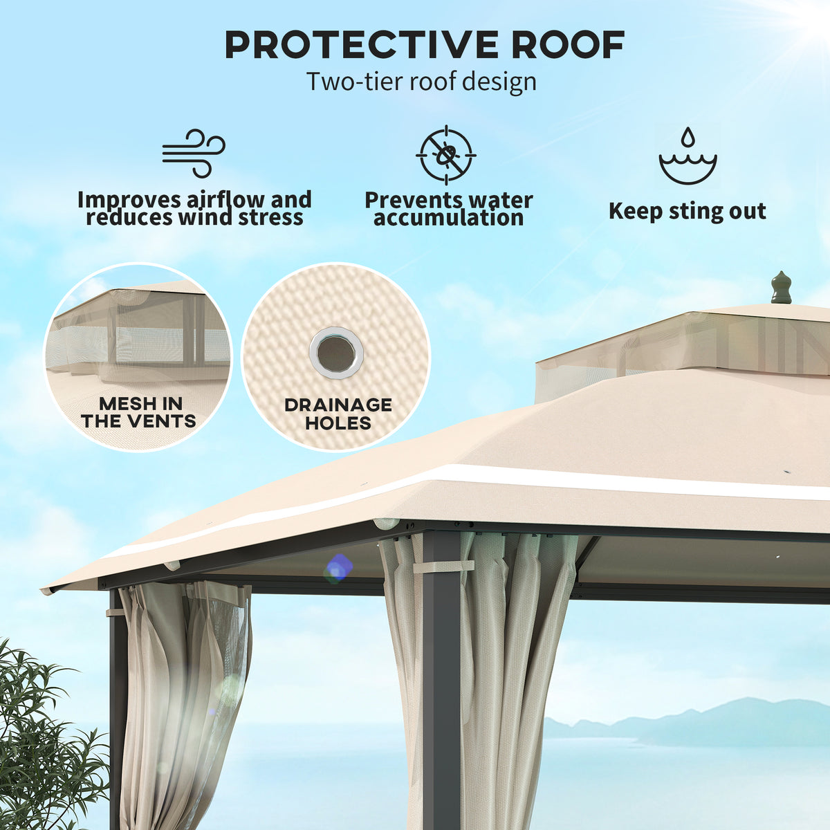 10' x 12' Outdoor Gazebo, Double Roof Patio Gazebo Canopy with Netting and Curtains for Garden, Lawn, Backyard, Deck