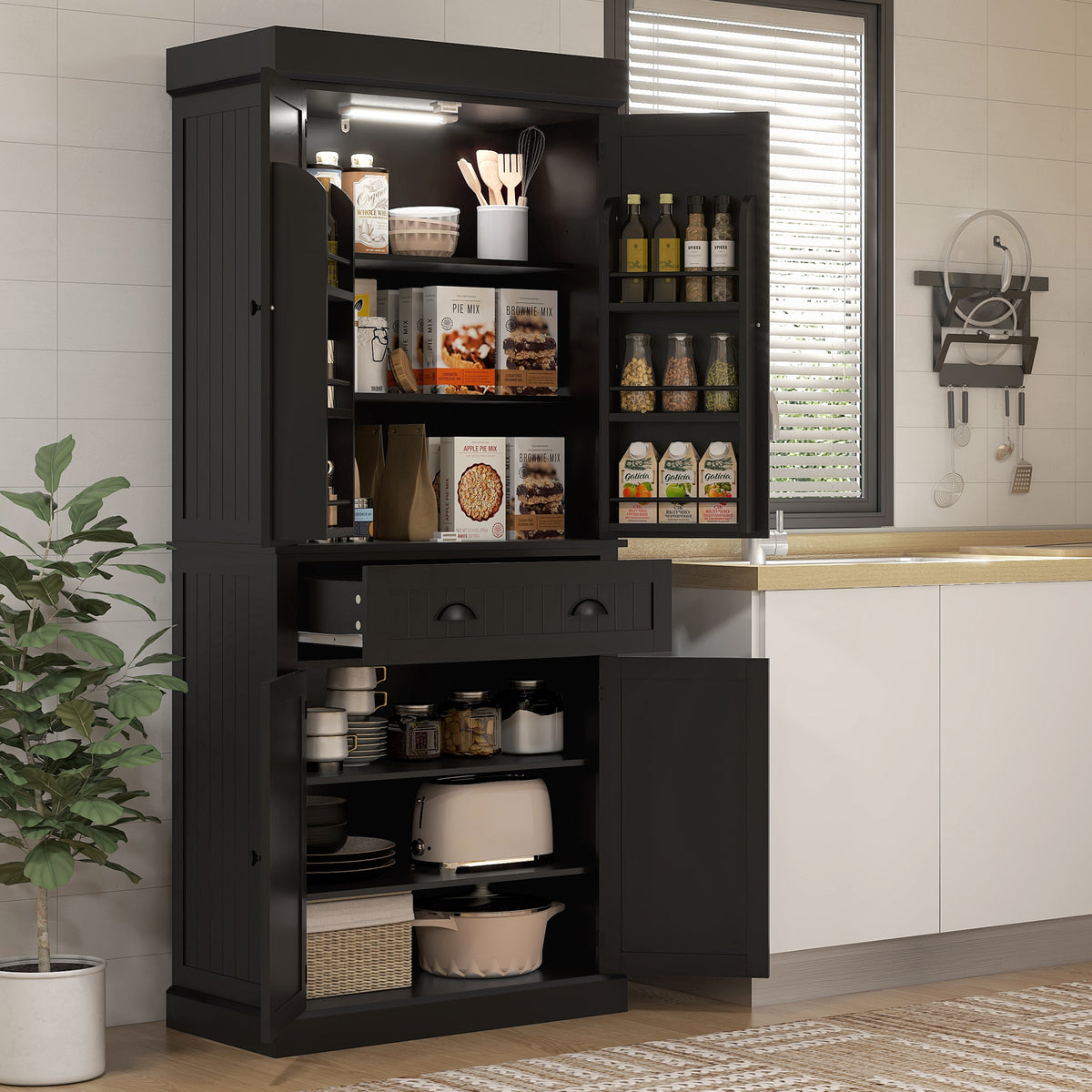 71" Kitchen Pantry Cabinet with LED Lights, 6 Spice Racks, a Drawer and 4 Adjustable Shelves, Black – view 7