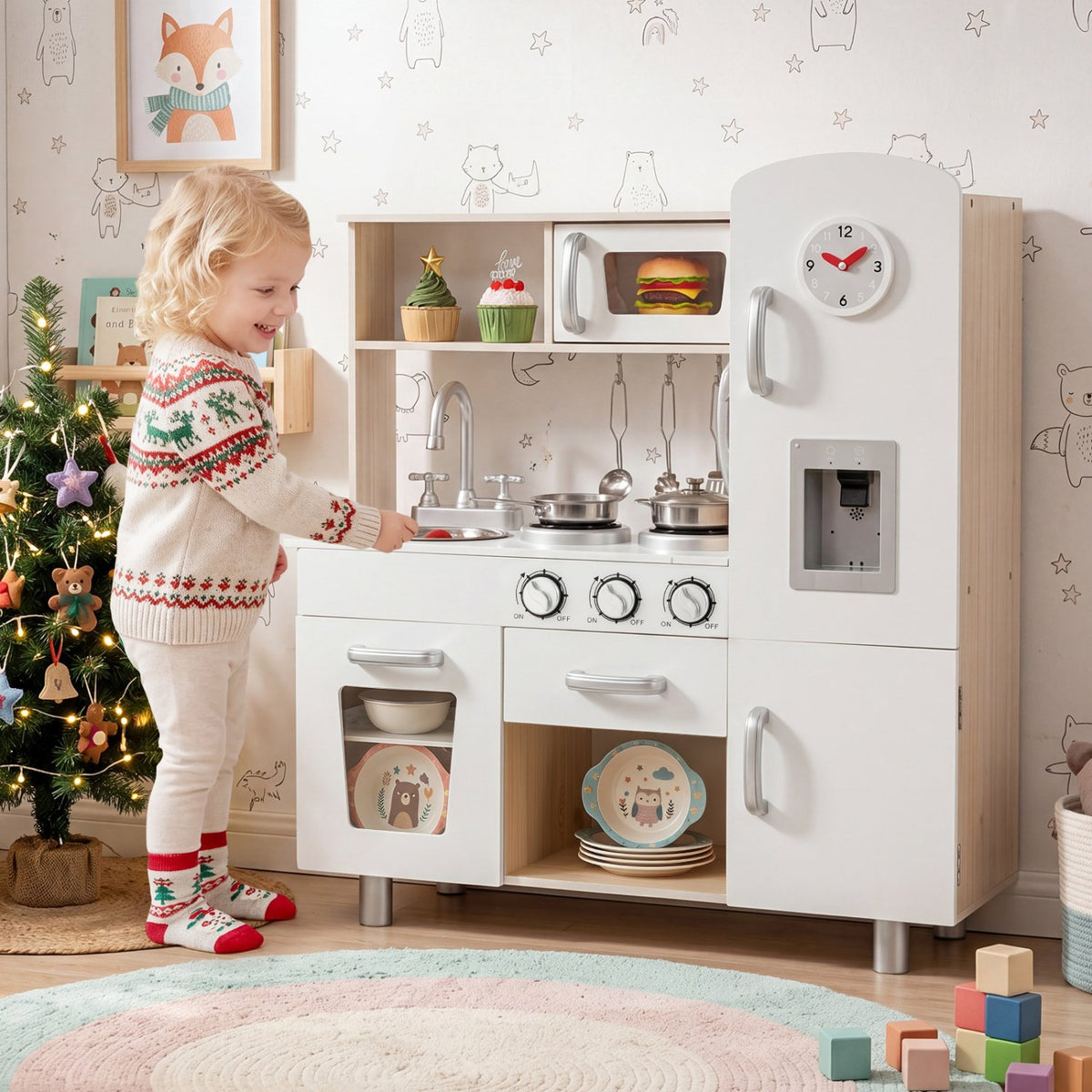 Vintage Play Kitchen Pretend Kids Cooking Playset Toys with Water Dispense view 6