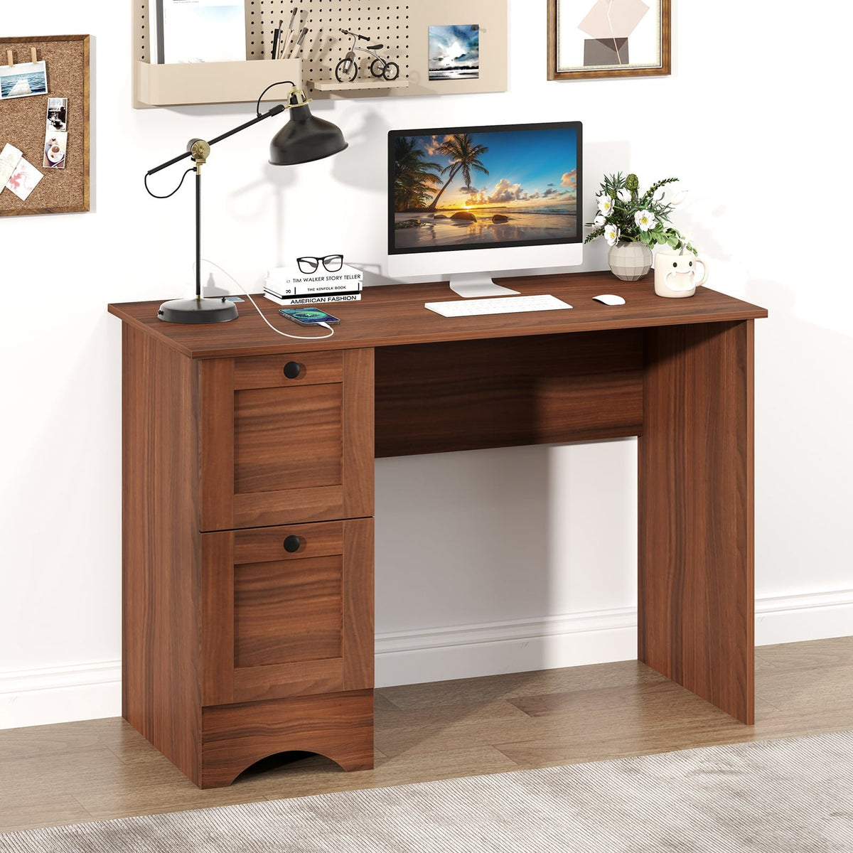 Wooden Vintage Computer Desk with 2 Drawers for Home and Office-Walnut view 2