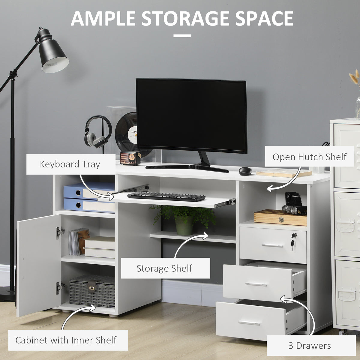 57" Computer Desk with Drawers, Home Office Desk with Keyboard Tray, Open Shelves and Lockable Drawer – view 10