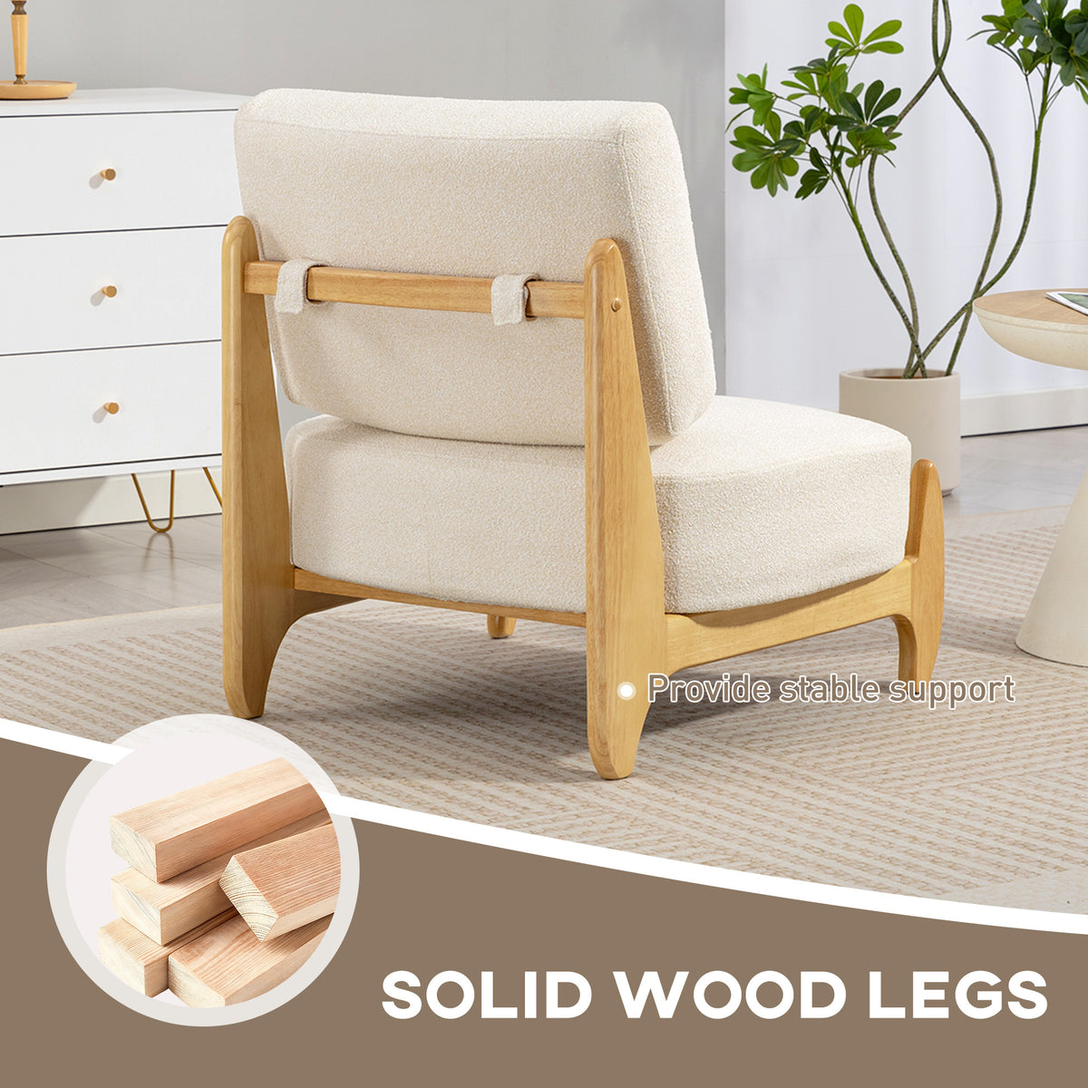 Accent Chair with Rubber Wood Frame, Wide Seat, Modern Chenille Bedroom Chair with Thick Cushion, Cream White