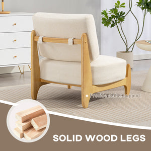 Accent Chair with Rubber Wood Frame, Wide Seat, Modern Chenille Bedroom Chair with Thick Cushion, Cream White
