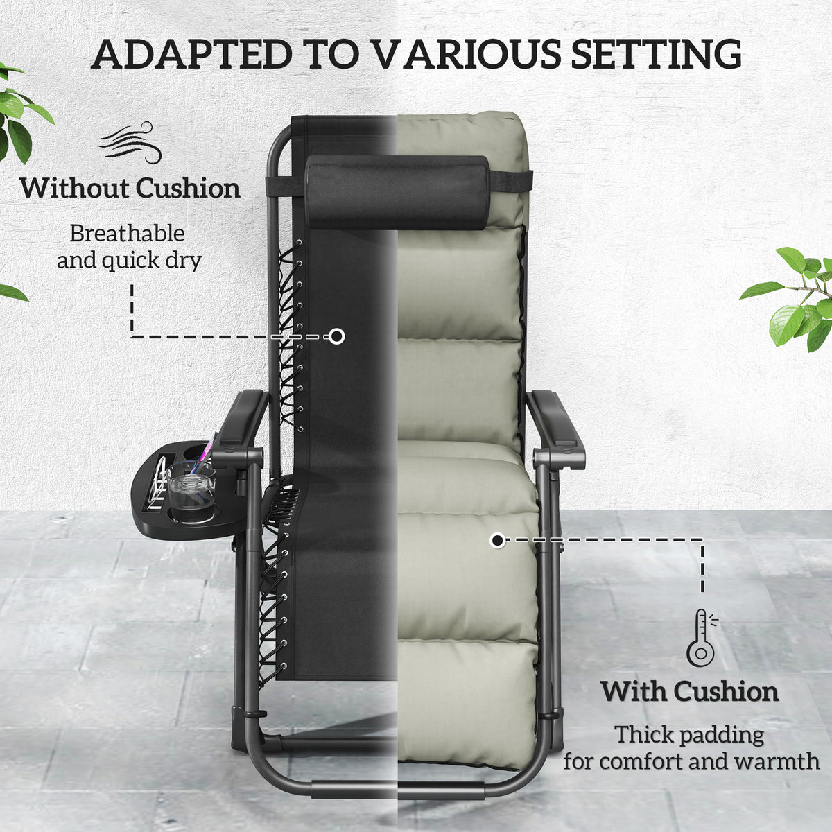 2pcs Reclining Zero Gravity Chair with Adjustable Backrest, Folding Garden Sun Lounger with Removable Cushion, Grey