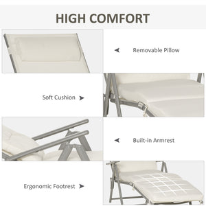 Lounge Chair Outdoor, Folding Patio Chaise Lounger, 360 lbs 7-Position Adjustable Back Outdoor Recliner with Cushion, Headrest for Garden, Backyard, Poolside, Cream White