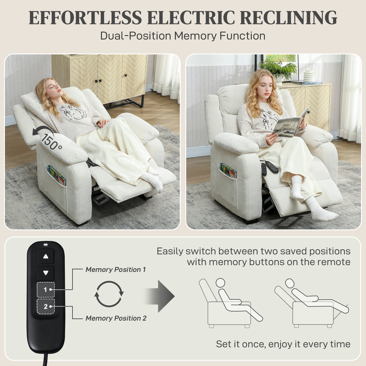 Massage Recliner Chair, Power Recliner with Quiet Brushless Motor, Remote, Pockets, 2 Memory Positions – view 3