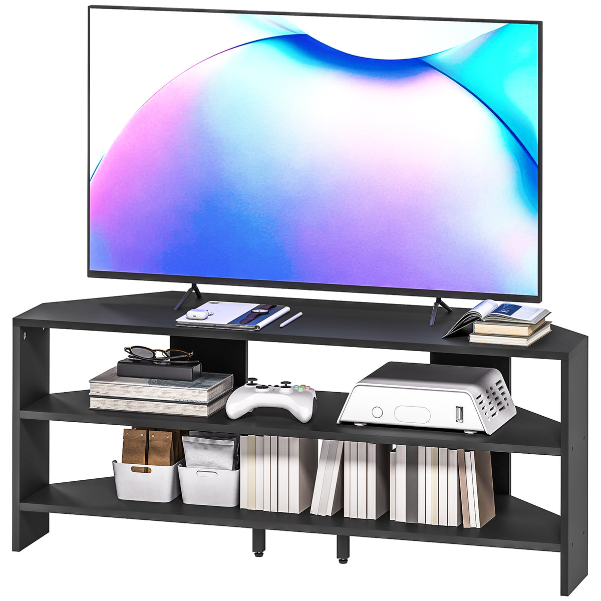 Corner TV Stand, Modern TV Table with 2 Open Shelves for 47 Inch TV, Entertainment Center for Living Room, Black