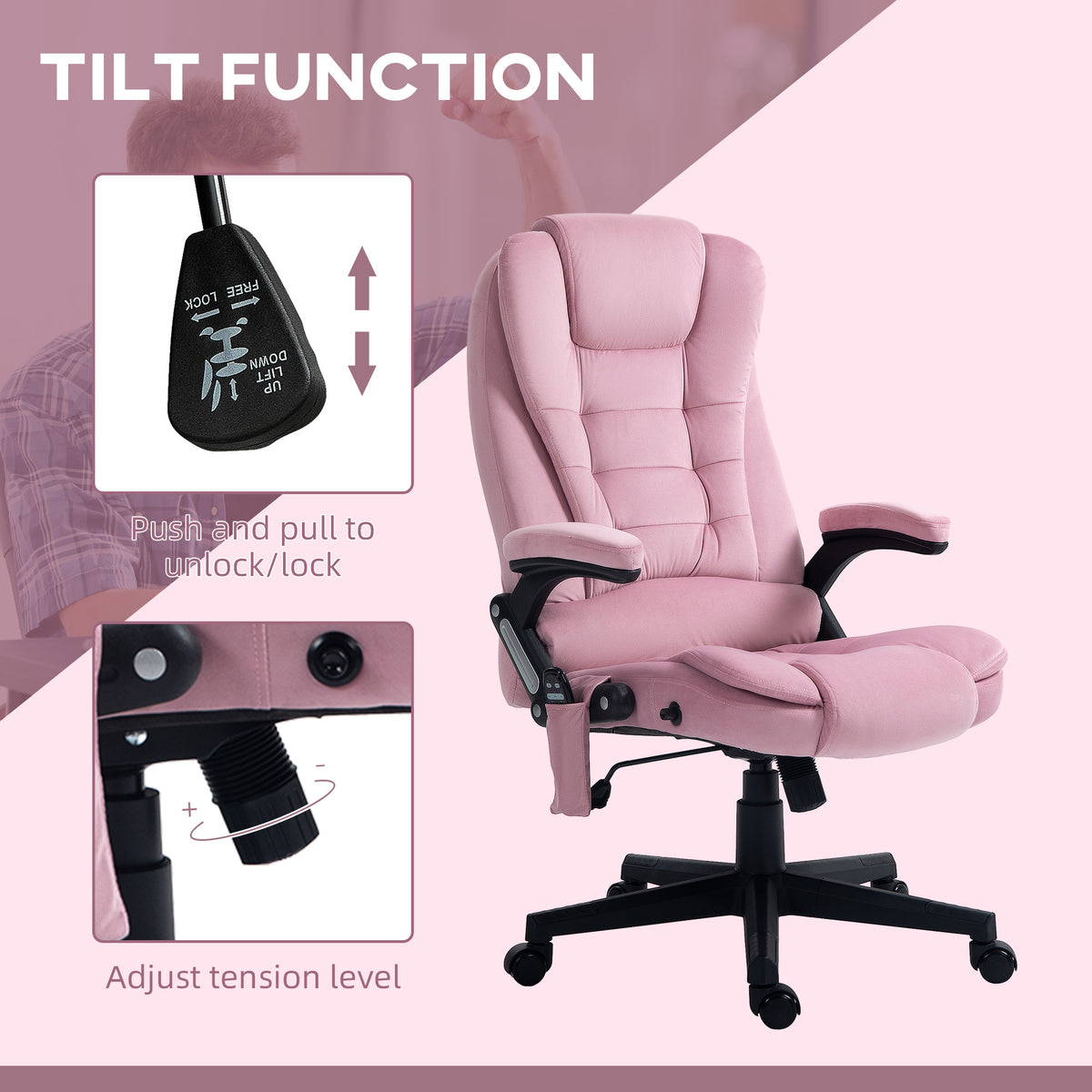 Reclining Massage Office Chair, Executive Office Chair with High Back, Swivel Wheels, Pink